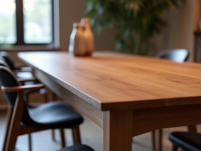 Robust eikebord med mørke, naturlige årer, plassert i et moderne hjem.