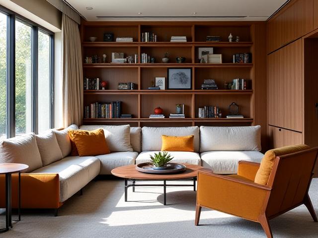 Et spesialdesignet stueinteriør med innebygde bokhyller og skreddersydd sofa.