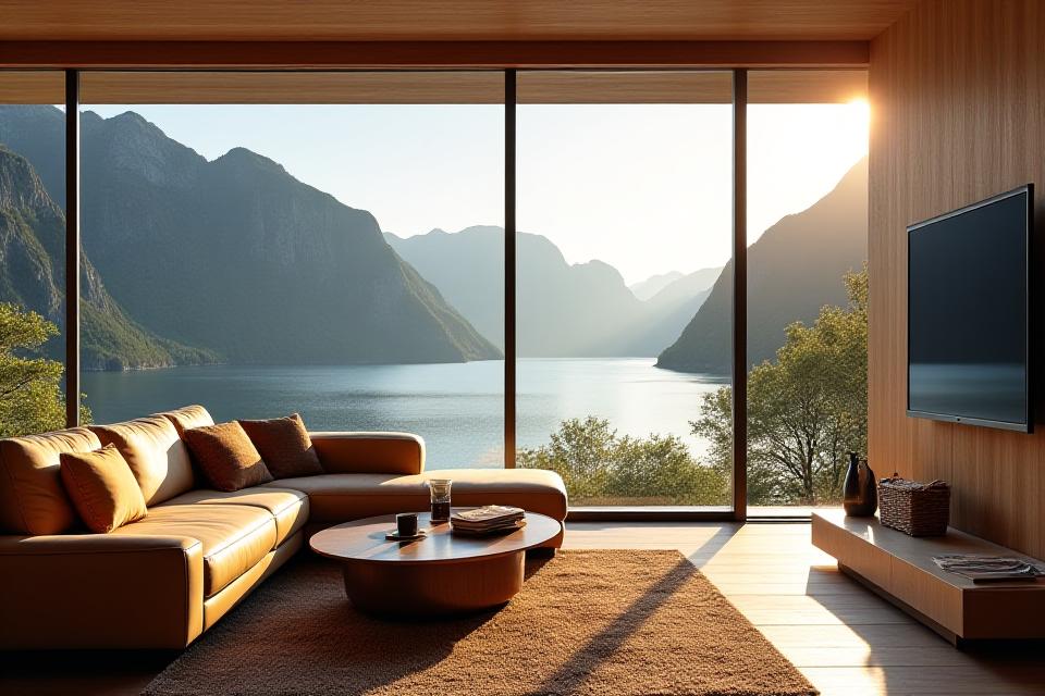 En moderne stue med Fjord Glød møbler, store vinduer med utsikt over fjorder og fjell.